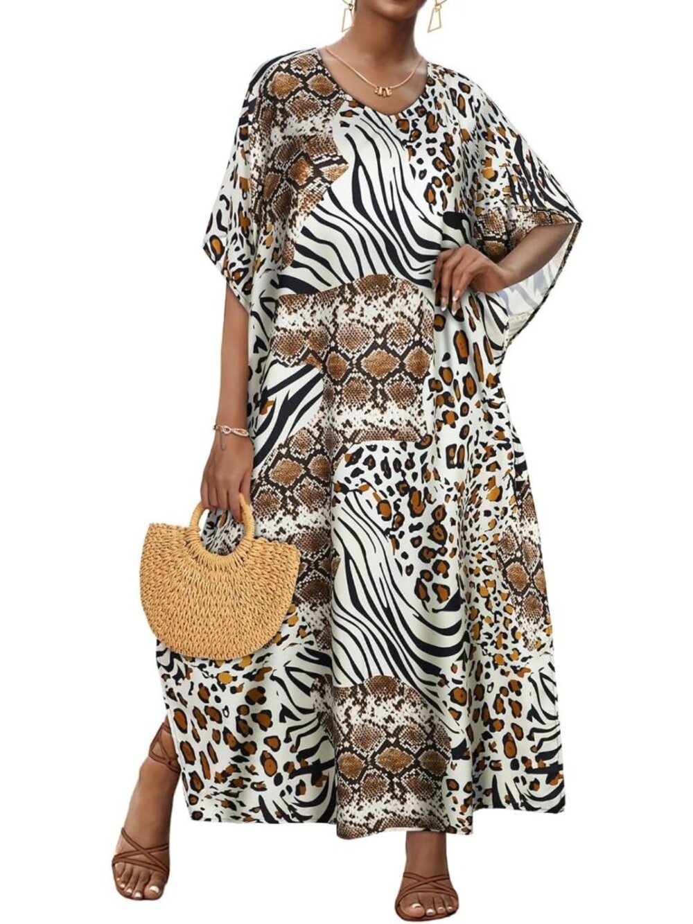 Women Leopard Brown Plus Size V Neck Caftan Long Batwing Sleeve Cover Up